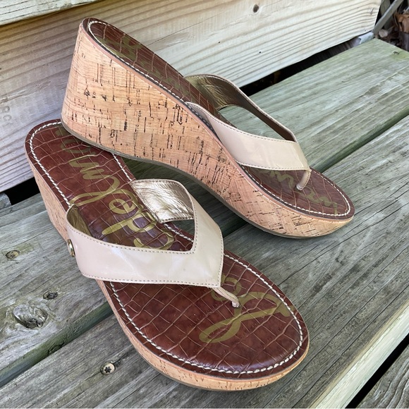 Sam Edelman Platform Cork Wedge Thong Romy Sandals Faux Patent Leather 9.5 Taupe - Picture 1 of 14